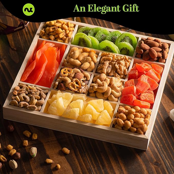 NUT CRAVINGS - Halloween Treats For Adults Dried Fruit & Mixed Nuts Gift Basket in Reusable Wooden Tray + Ribbon (12 Assortments) Holiday Xmas Christmas Food Arrangement, Healthy Snack Care Package,