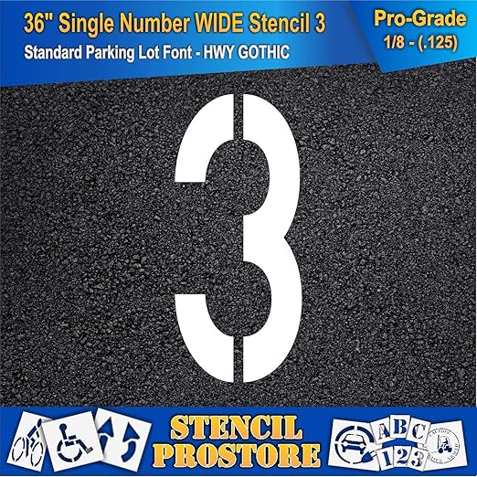 Pavement Stencils - 36 inch Single Number Stencil (Wide) - 3-36" x 16" x 1/8" (128 mil) - Pro-Grade