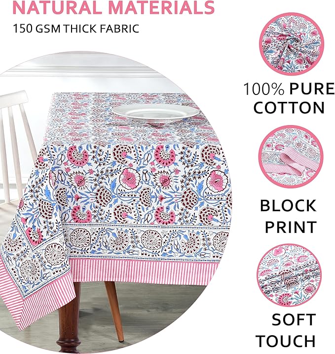 Ridhi Hand Block Print Pigeon Blue Flamingo Pink Rectangle Cotton Tablecloth 120" x 80" Reusable Table Cover Decorative Everyday Use for Dining, Farmhouse, Home Gift for Spring, Easter, Valentine