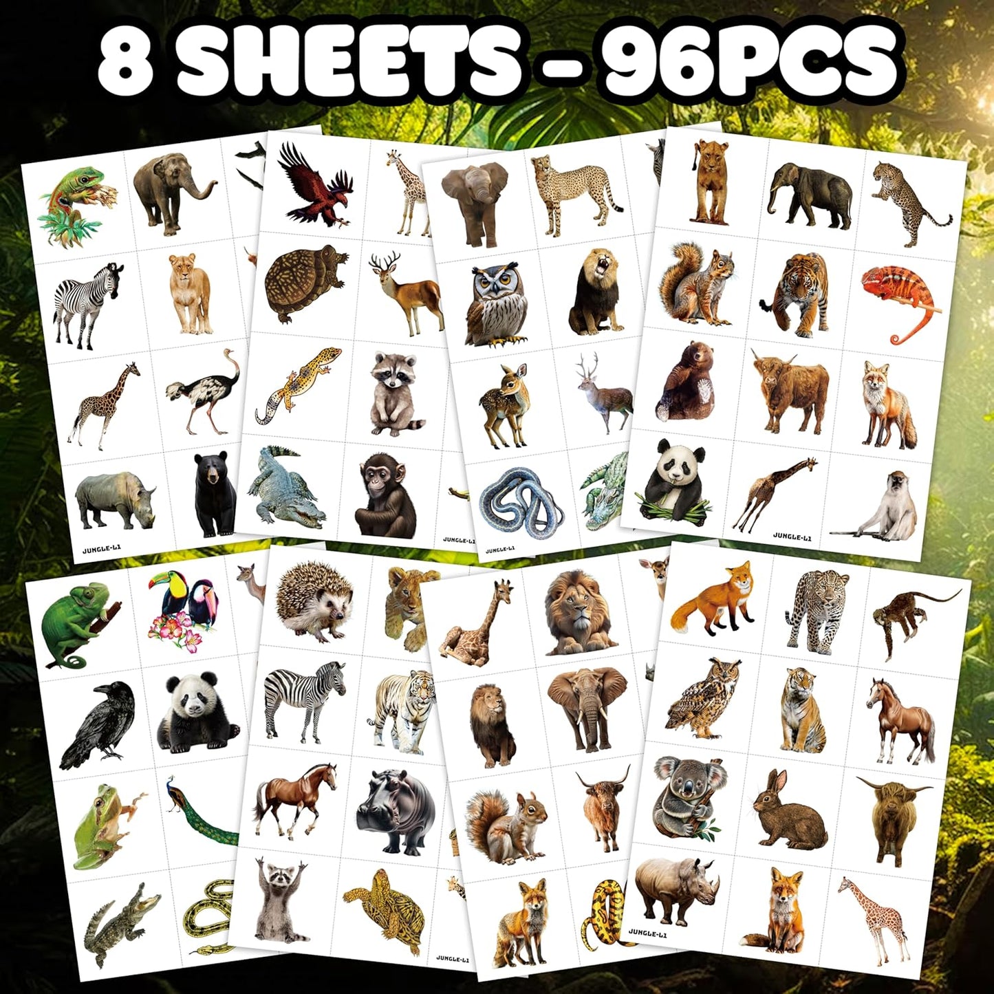 96 PCS Realistic Wildlife Jungle Animal Pre-Cut Temporary Tattoos Sticker Reptile Birthday Party Decorations Supplies Favors Gifts Boys Girls Zoo Cute Fake Tattoo School Reward Themed (Normal)