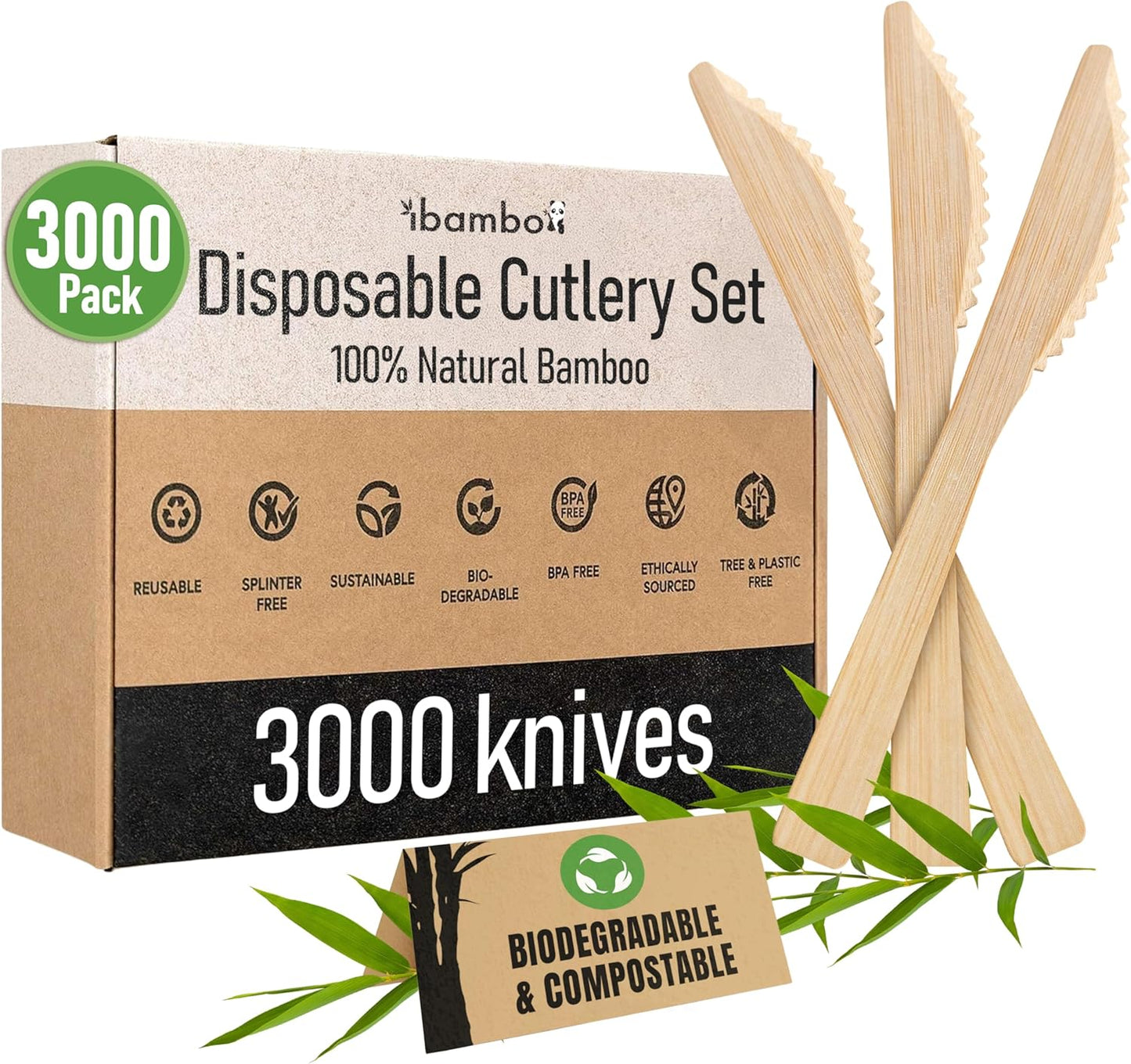 Ibambo 100% Bamboo Knives Set - Biodegradable Cutlery Sets (3000 Eco Friendly Knives) | Bamboo Silverware Disposable or Reusable | Compostable FSC Certified Flatware for Weddings, Camping & Parties