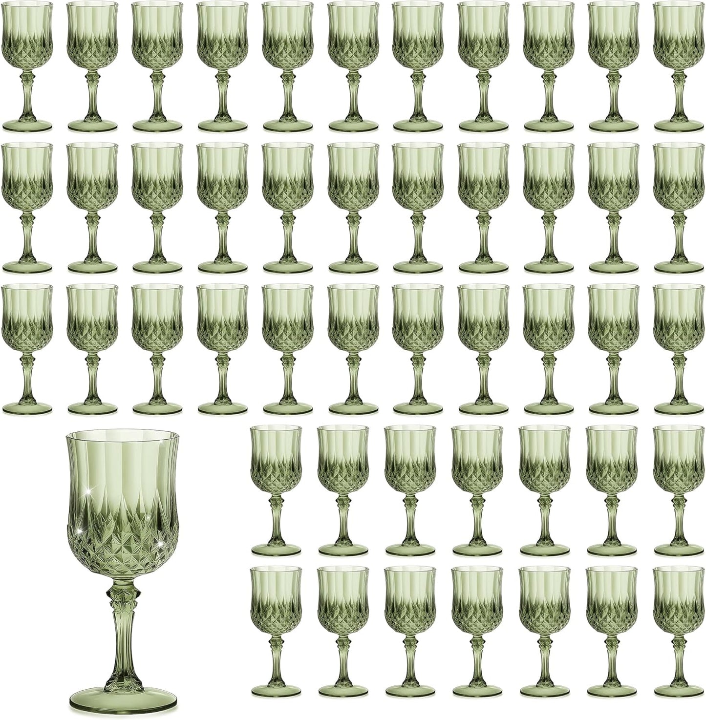 48PCS 7OZ Green Plastic Wine Glasses, Drinking Champagne Glasses Flutes Crystal Vintage Water Unbreakable Goblets for Wedding, Parties