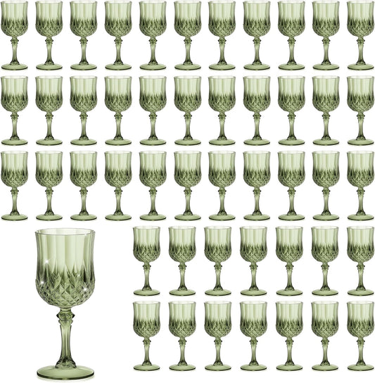 48PCS 7OZ Green Plastic Wine Glasses, Drinking Champagne Glasses Flutes Crystal Vintage Water Unbreakable Goblets for Wedding, Parties