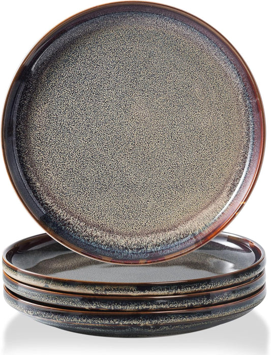Ceramic Flat Plates Set of 4-8 in - The Dessert, Salad, Appetizer, Small Lunch, etc Plate. Microwave, Oven, and Dishwasher Safe, Scratch Resistant. Kitchen Porcelain Dish-Caramel Brown