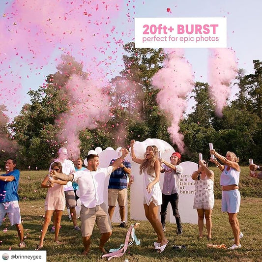 PrimePure Gender Reveal Confetti Cannon - Butterfly Confetti Popper & Biodegradable Powder Cannon - Pink & Blue, 4 Pack - Baby Girl or Boy Gender Reveal Smoke Bombs Baby Powder Paper Party Poppers