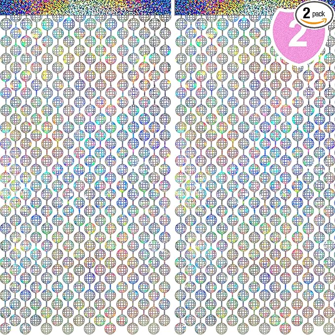 2 Packs Disco Ball Foil Curtain, Silver Glitter Metallic Backdrop for Birthday, Wedding, Baby Shower, Bachelorette, 70s 80s 90s Theme Party, Disco Party Decorations Supplies