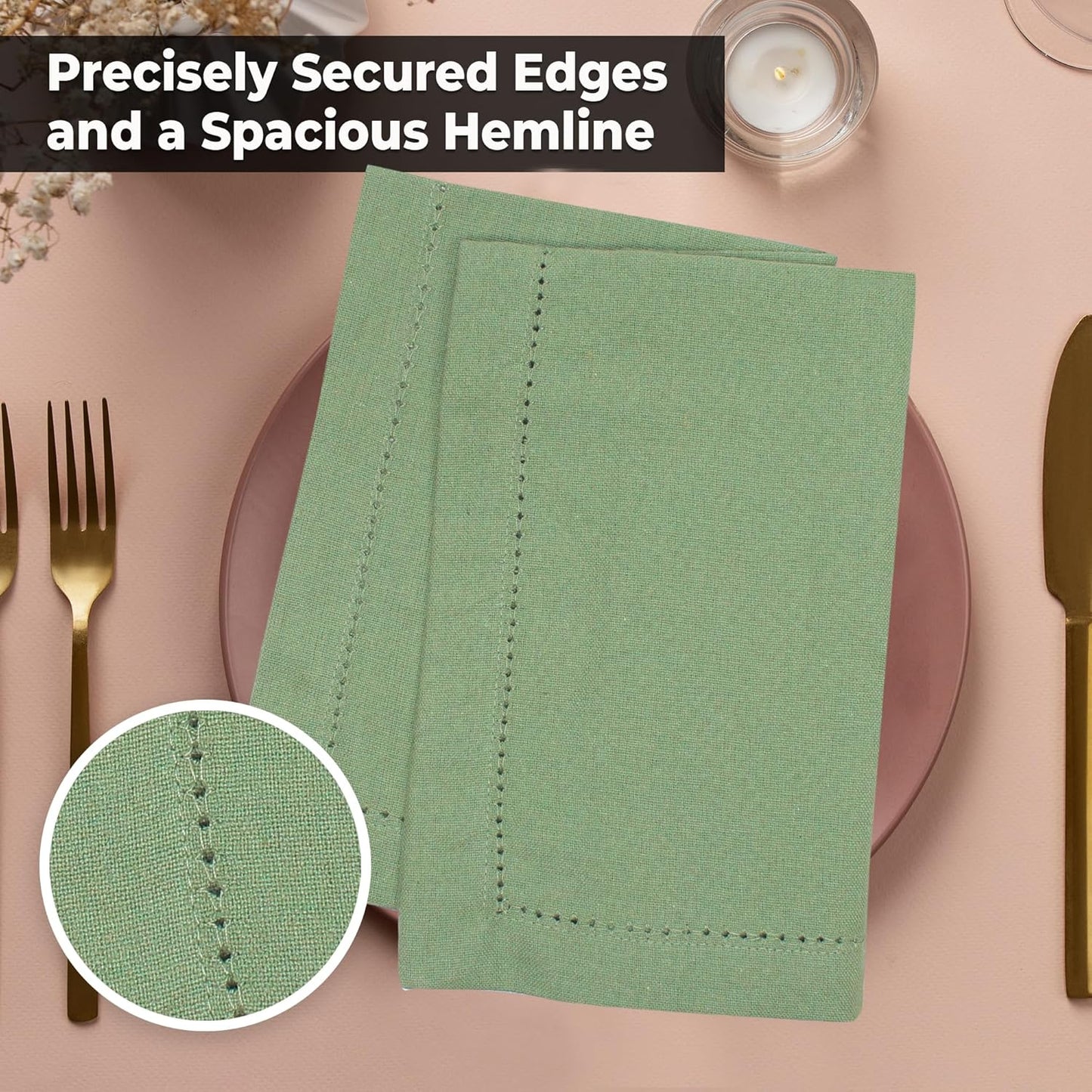 Urban Villa Fall Cloth Napkins Set of 12 100% Cotton Sage Color Hemstitch Dinner Napkins Cloths Washable 20”x20” Absorbent Soft Durable Reusable-Ideal for Everyday Use Parties Wedding Thanks Giving