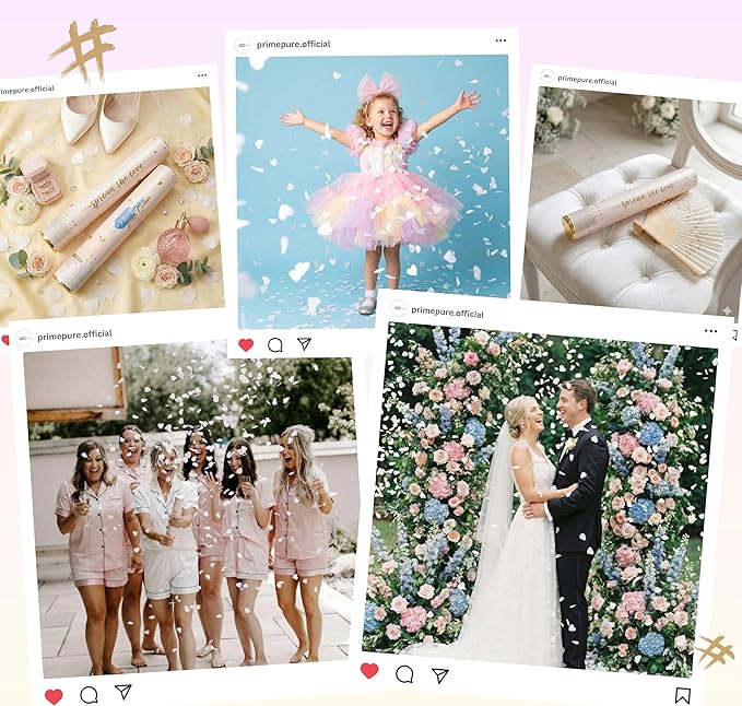 PrimePure Confetti Cannon Party Poppers - Biodegradable White Heart Confetti Poppers - 6 Pack - White Paper Hearts Pop Gun for Wedding Send Off, Bridal Shower, Birthday, Parties