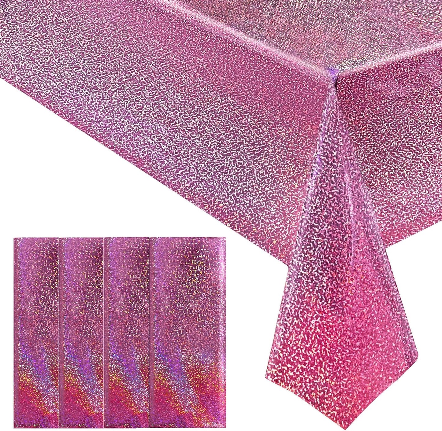 4 Pcs Pink Holographic Plastic Tablecloths Laser Table Covers 40" x 108" Foil Disposable Table Cloths for Themed Birthday Party Wedding Christmas Holiday Party Decorations