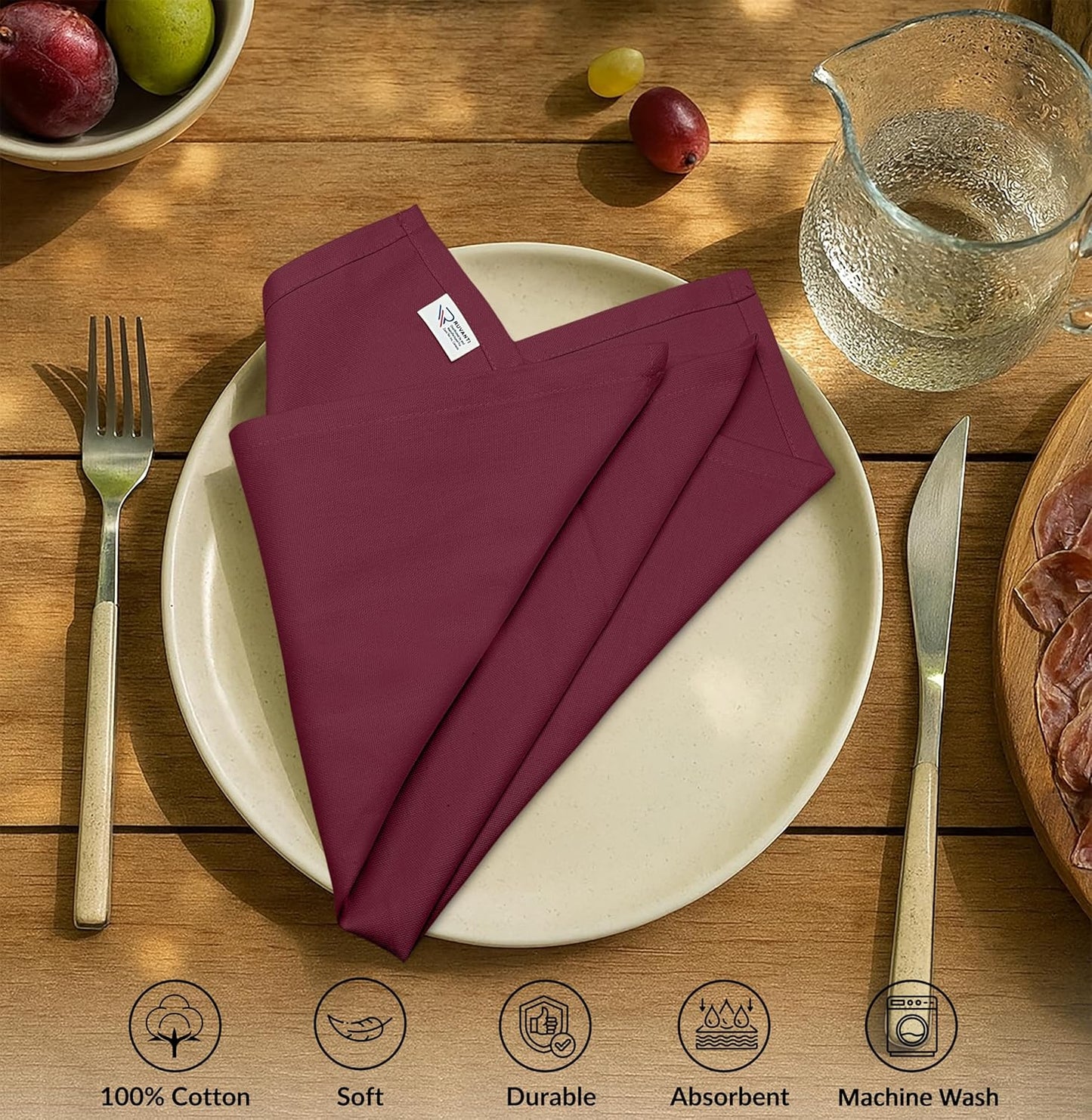 Ruvanti Premium Cloth Napkins Set of 6, 18x18 Inches, 100% Cotton, Washable, Soft & Absorbent, Perfect for Wedding, Christmas, ‎Thanksgiving Dinners - Burgundy