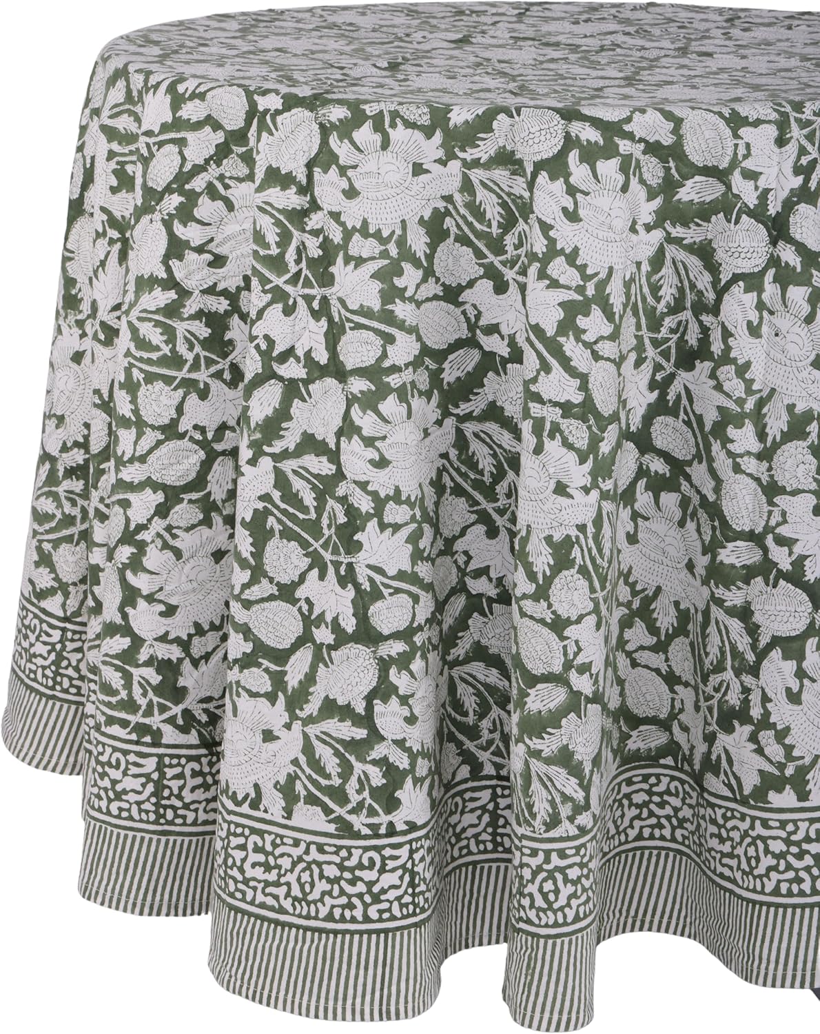 ATOSII Meraki Green 100% Cotton Round Tablecloth, Handblock Print Floral Table Cloth for Kitchen Dining Linen I Parties, Weddings, Outdoors, Christmas I Fall Home Decor 60" Inches Round