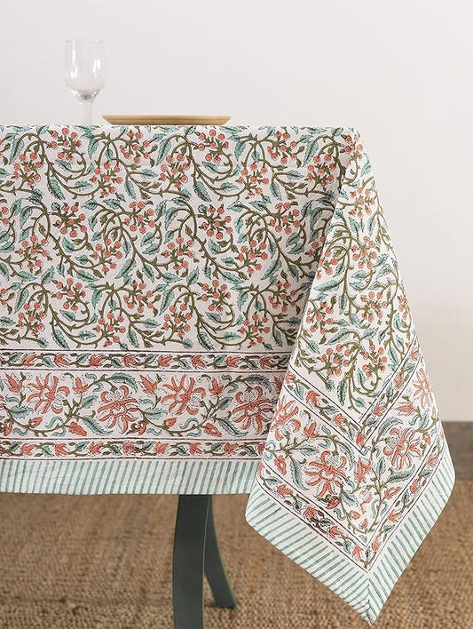 Labhanshi Indian Handblock Print Floral 100% Cotton Canvas Rectangle Table Cloth|72x108 Inch 8-Seater Rustic Farmhouse Decorative Table Cover|Spring Easter Festive Holiday Decor|Berry Pink