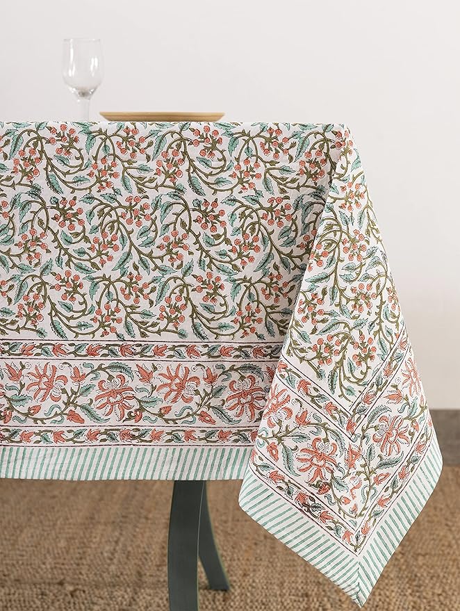 Labhanshi Indian Handblock Print Floral 100% Cotton Pre-Washed Canvas Rectangle Table Cloth|72x135 Inch 10-Seater Large Decorative Table Cover|Spring Easter Festive Holiday Decor|Berry Pink