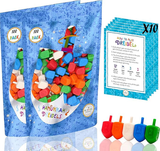 Hanukkah Dreidels 200-Pack Multicolor Plastic Chanuka Draydels with English Transliteration, Includes Dreidel Game Instruction Cards (200-Pack)