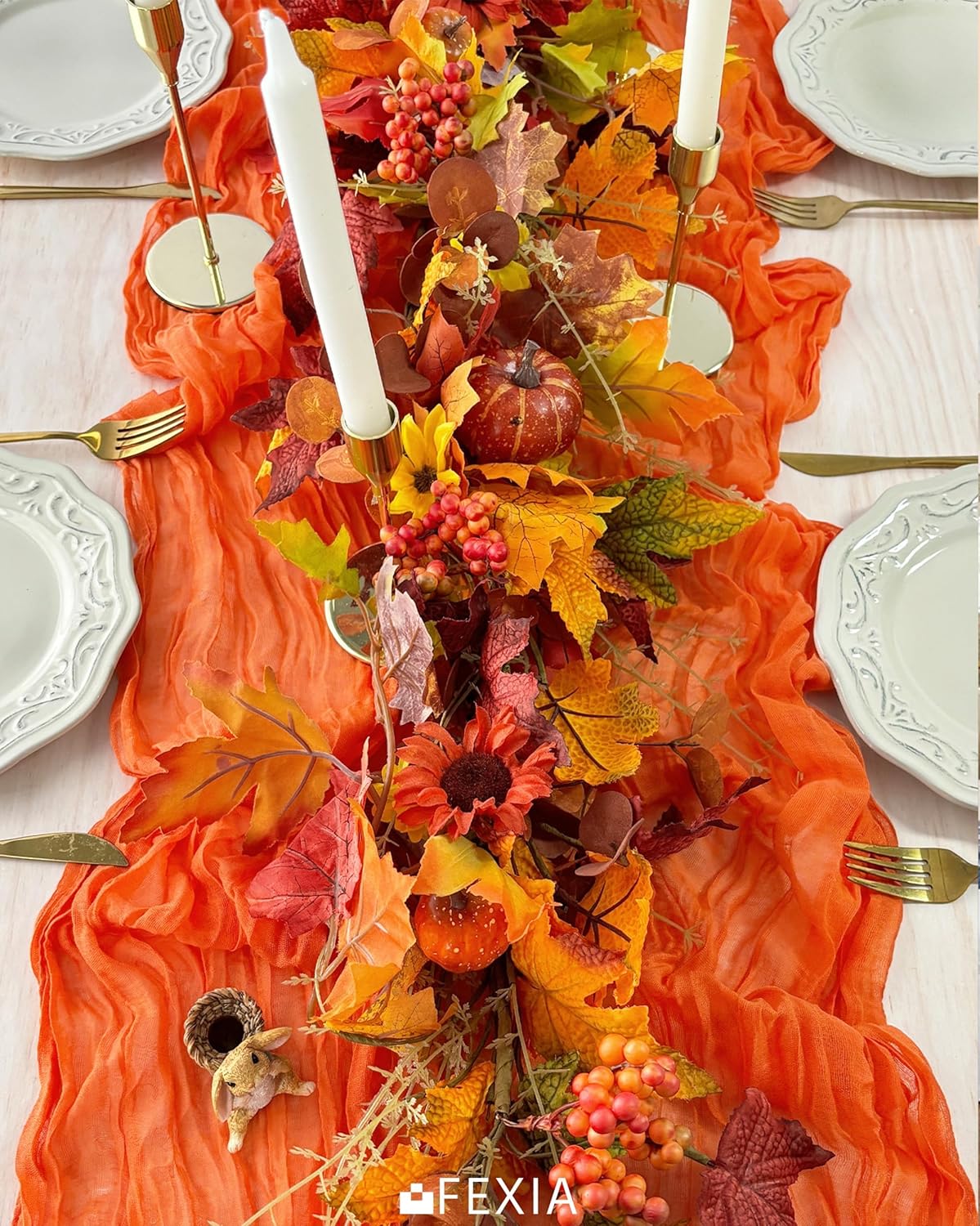 FEXIA 3 Pack Orange Fall Table Runner 35x120 Inches for Baby Shower Decoration Gauze Rustic Table Runner for Wedding Party First Communion Centerpiece Engagement Bridal Shower Boho Decoration