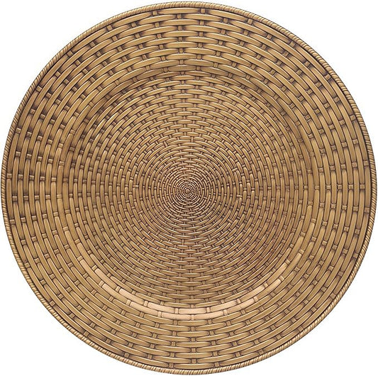 Rattan Chargers for Dinner Plates, 13" Antique Gold Charger Plates, Set of 6 Round Plastic Woven Texture Matte Finish for Wedding & Party (262)