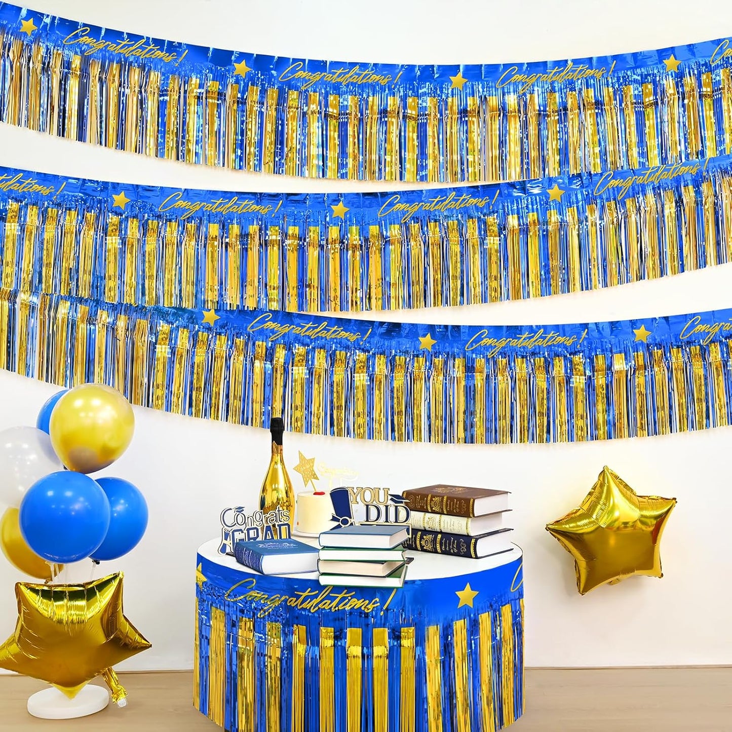 Mega-L Birthday Banners Party Decorations, Blue Gold Congratulation Foil Fringe Garland, 2Pack 39 Ft Tinsel Streamers Photo Booth Props Flag for Parade Float Car Graduation Class of 2026 Party Decor