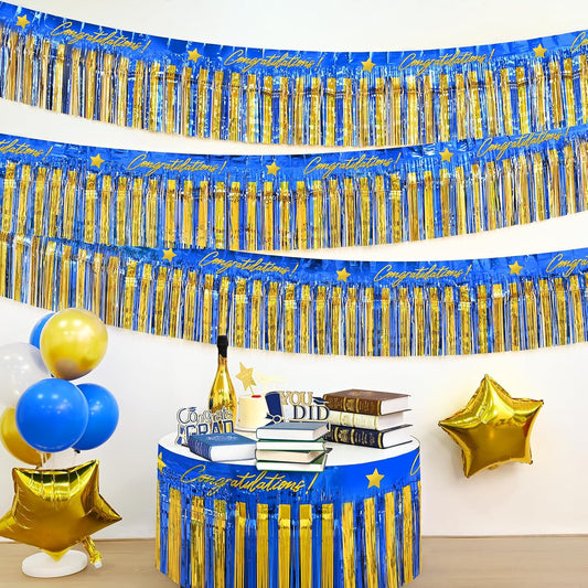 Mega-L Birthday Banners Party Decorations, Blue Gold Congratulation Foil Fringe Garland, 2Pack 39 Ft Tinsel Streamers Photo Booth Props Flag for Parade Float Car Graduation Class of 2026 Party Decor
