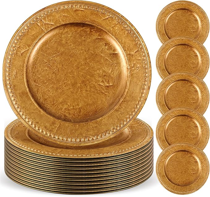 12 Pcs 13" Vintage Bronze Charger Plates Round Beaded Copper Brown Chargers Bulk Wedding Reusable Serving Plate Elegant Table Plates for Catering Family Party Restaurant Home Dinner Supplies