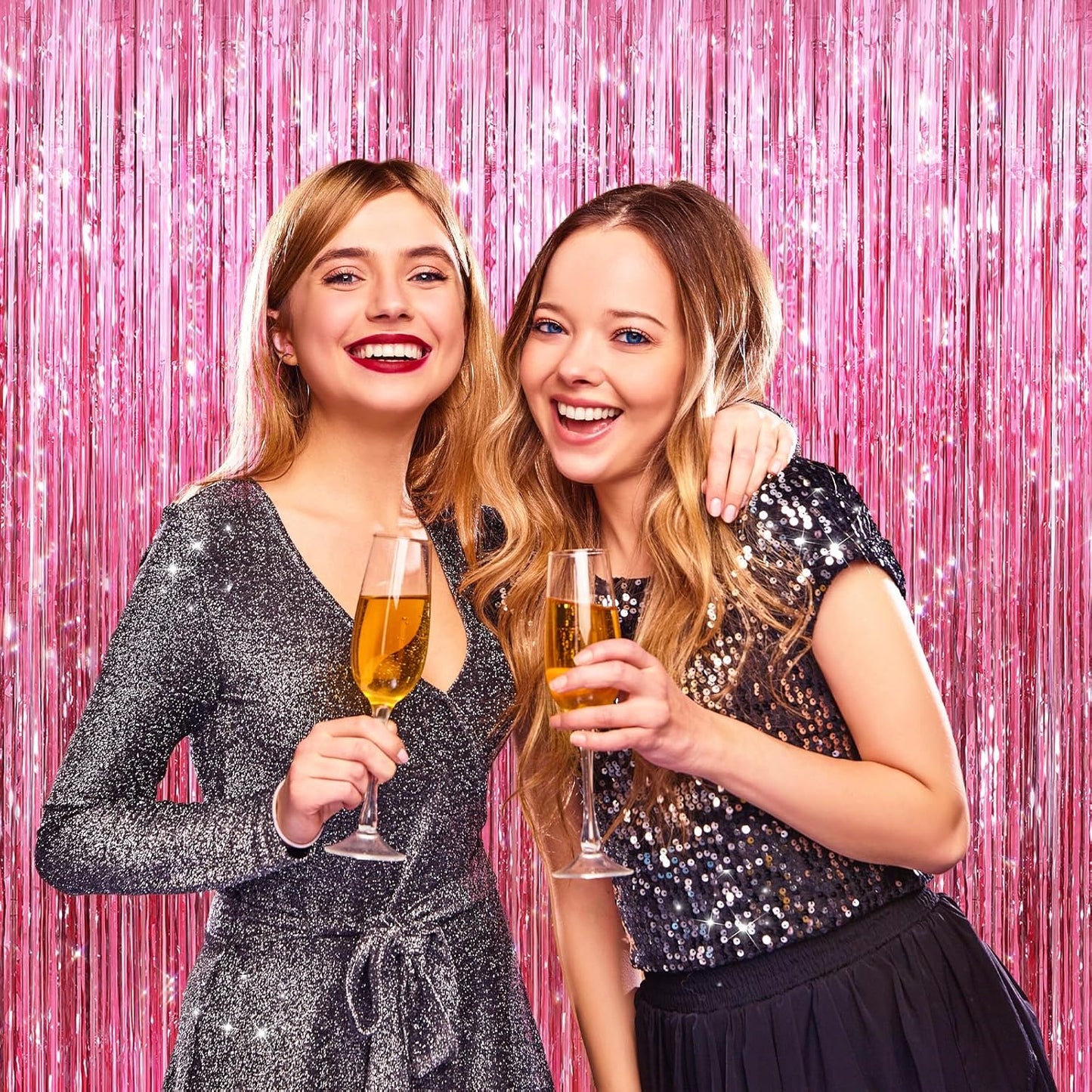 2 Pack Pink Metallic Tinsel Foil Fringe Curtains, Door Streamers Photo Booth Backdrop for Birthday Party, Tinsel Curtain Backdrop for Baby Shower Bachelorette Christmas Party Decorations