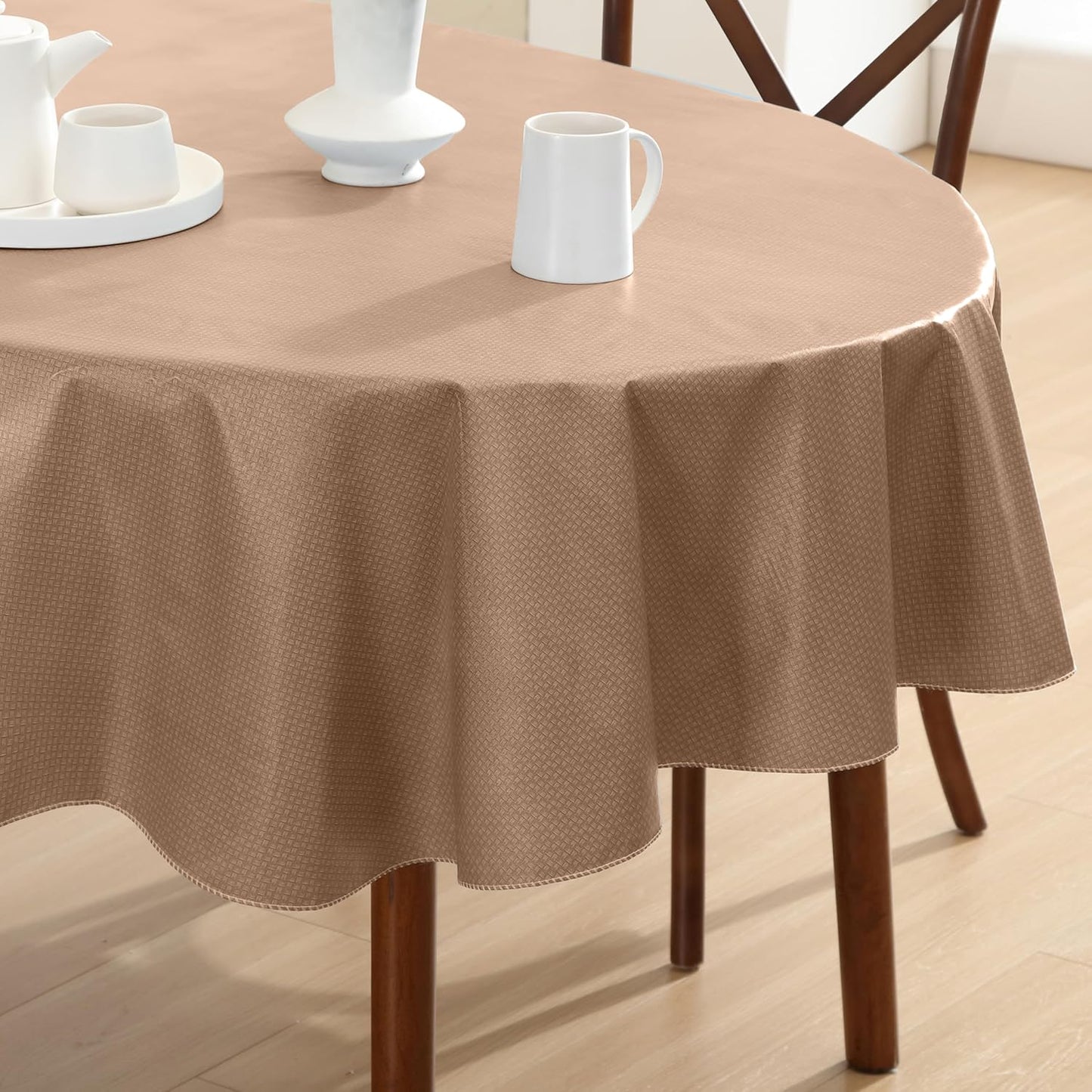 Newbridge Basketweave Vinyl Flannel Backed Tablecloth, 60 x 84 Inch Oval, Taupe, Basket Weave Textured Indoor Outdoor Waterproof Table Cover for Patio, Kitchen, Dining