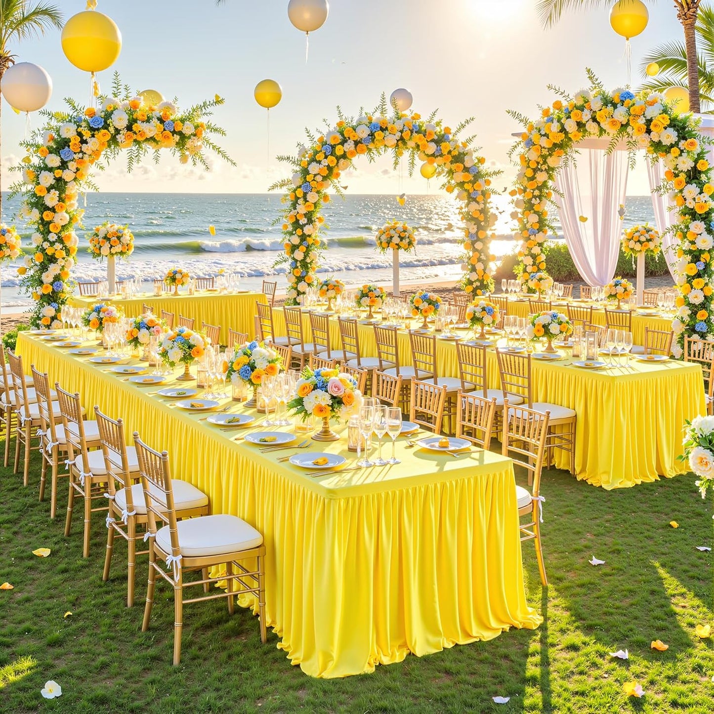 Yellow Polyester Table Clothes for 8 Foot Rectangle Tables, Wrinkle Free Fitted Table Cover with Pleated Ruffle Table Skirt for Birthday Party Wedding Trade Show Event Display