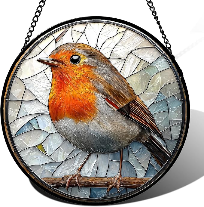 Stained Glass Window Hanging - Orange Grey Robin Sun Catcher for Door Garden Home Decor Bird Lovers Suncatcher Christmas Mother's Day Birthday Gifts for Women Men Mom Nana 7.8 in