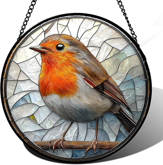 Stained Glass Window Hanging - Orange Grey Robin Sun Catcher for Door Garden Home Decor Bird Lovers Suncatcher Christmas Mother's Day Birthday Gifts for Women Men Mom Nana 11.8 in