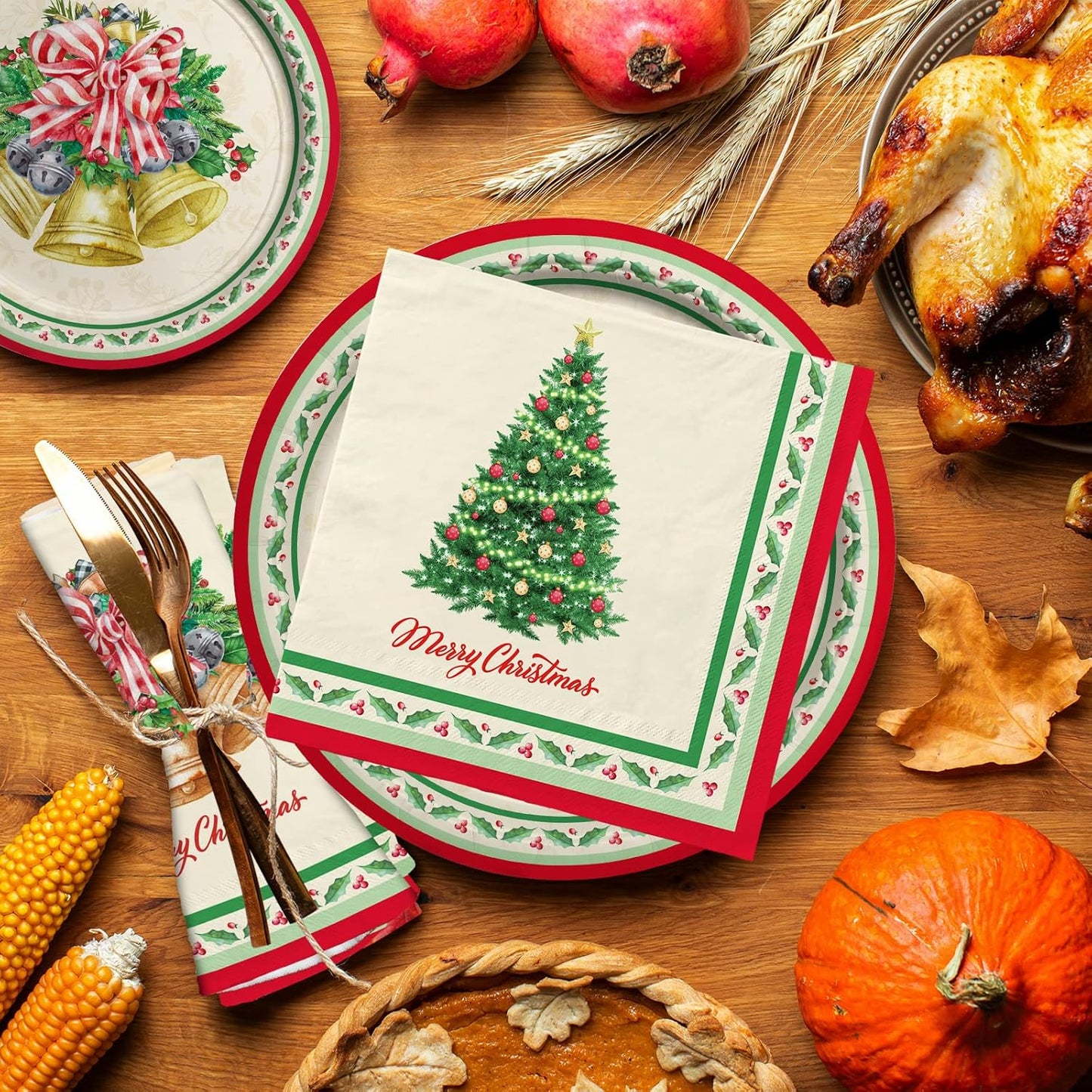 Gatherfun Christmas Party Supplies Kit, Serve 50, Christmas Tree Disposable Dinnerware Includes: Paper Dinner Plates, Dessert Plates, and Napkins, Great for Merry Christmas Party Decorations