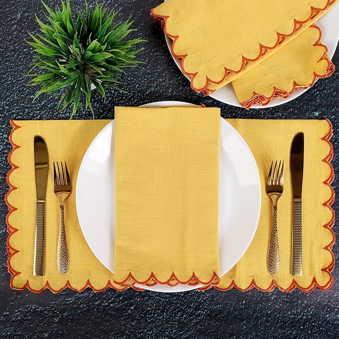FINGERCRAFT Cloth Napkins, Everyday Use Scallop Design, Premium Quality Natural Cotton Napkin Set of 6 Perfect for Parties Dinners Weddings Easter Napkin Cloth 20x20 inch Daffodil/Rust