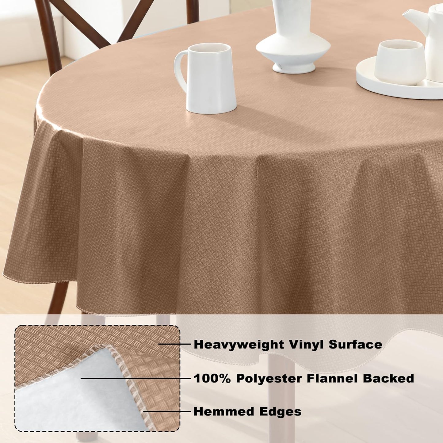Newbridge Basketweave Vinyl Flannel Backed Tablecloth, 60 x 84 Inch Oval, Taupe, Basket Weave Textured Indoor Outdoor Waterproof Table Cover for Patio, Kitchen, Dining