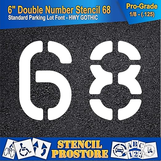 Pavement, Curb, and WheelStop Stencils - 6 inch Double Number Stencil - (68) - 6" x 9" x 1/8" (128 mil) - Pro-Grade