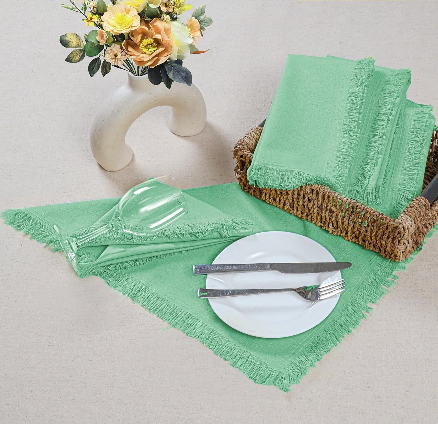 Bedding Craft Cotton Cloth Dinner Napkins Set of 12 – 18x18 Bird Egg Gray (Sea Green) with Fringed Corners – Machine Washable Fabric Napkins for Weddings, Parties & Everyday Dining