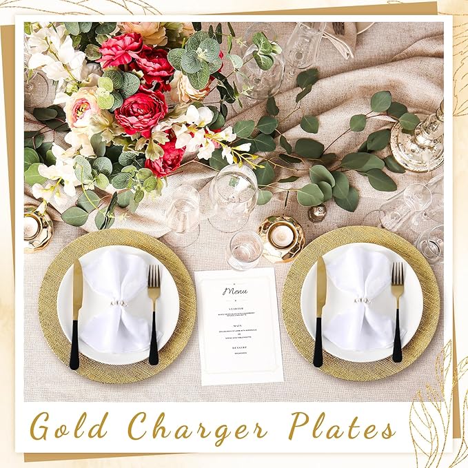 Tanlade 12 Pcs Charger Plates Bulk 13 Inch Plastic Texture Strip Wedding Chargers Floral Decorative Plates with Metallic Ruffled Rim for Wedding Party, Holiday Event Supplies(Gold)