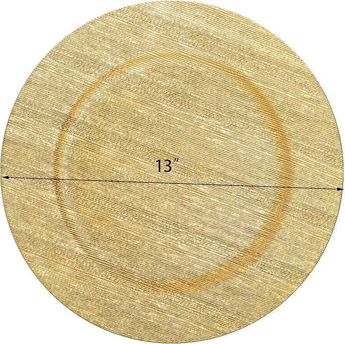 Jucoan 12 Pack Gold Charger Plates for Dinner Plates, 13 Inch Round Plastic Shiny Texture Strip Charger Plates for Wedding Thanksgiving Christmas Party Event Catering Hotel Tabletop Setting Decor