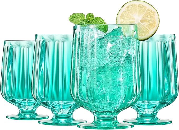 15oz Unbreakable Premium Drinking Glasses Set of 4 - Super Grade Acrylic Plastic - Perfect For Gifts - European Style Shatterproof BPA-free Glassware Dishwasher-Safe, Indoor & Outdoor (Green)