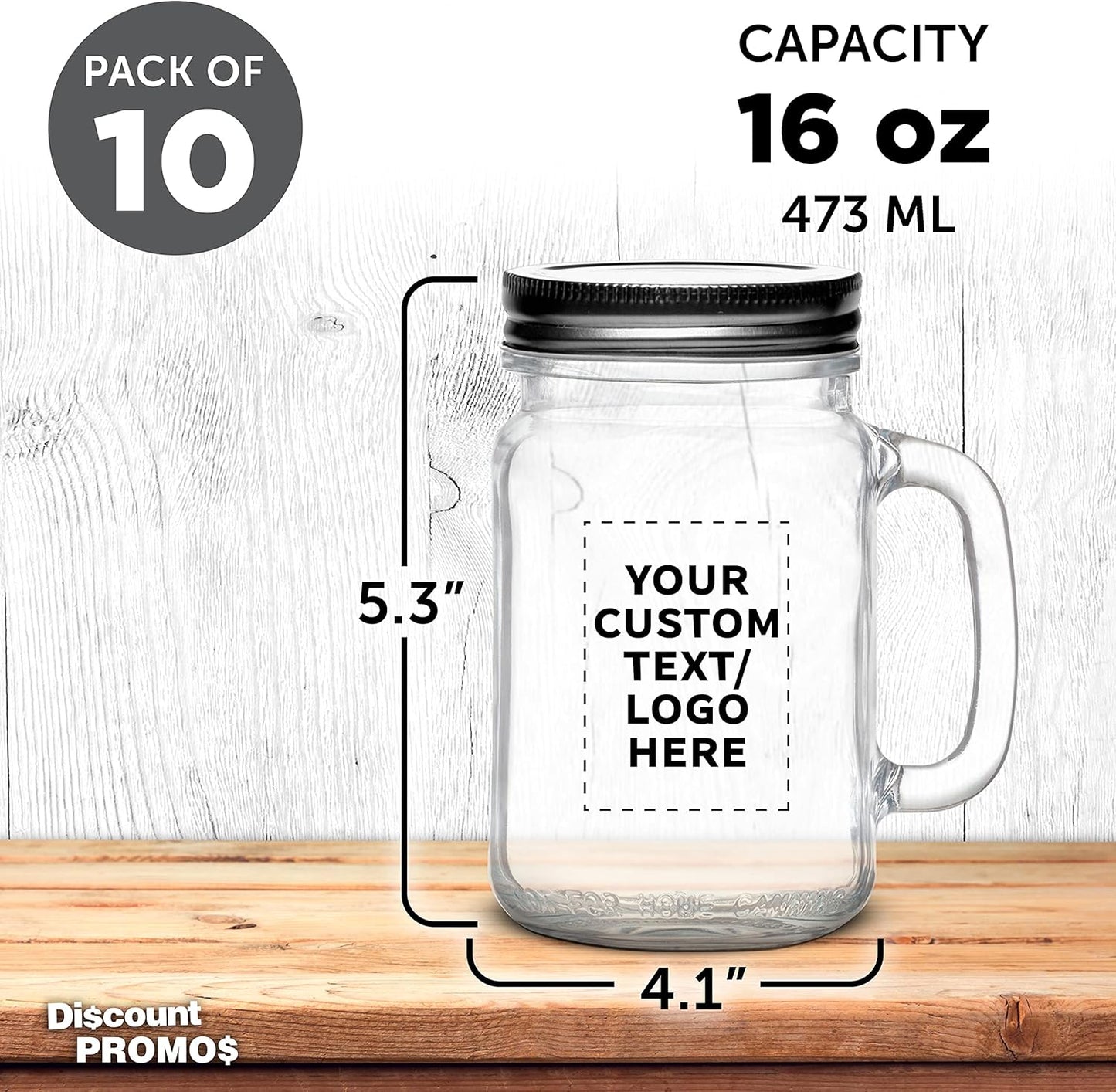 DISCOUNT PROMOS Custom Libbey Handle Mason Jars w/Lids 16 oz. Set of 10, Personalized Bulk Pack - Traditional style, High standard - Clear