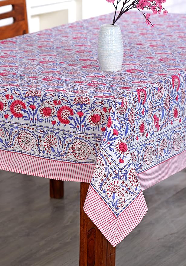 Ridhi Hand Block Print Pigeon Blue Flamingo Pink Rectangle Cotton Tablecloth 160" x 72" Reusable Table Cover Decorative Everyday Use for Dining, Farmhouse, Home Gift for Spring, Easter, Valentine