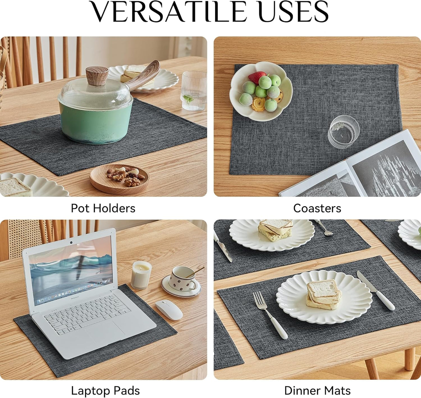 Softalker Faux Linen Placemats Set of 8-12 x 18 Inch, Heat Resistant Double Layered Durable Burlap Farmhouse Place Mats, Non-Slip Washable Rustic Table Mats for Dining, Kitchen, Party（Dark Grey