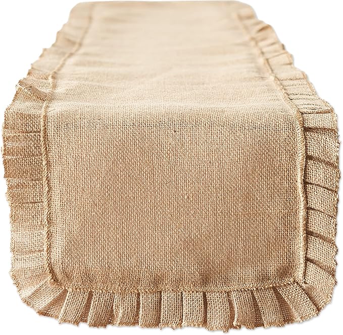 DII Jute Burlap Collection Kitchen Tabletop, Table Runner, 14x72, Ruffle Trim Natural