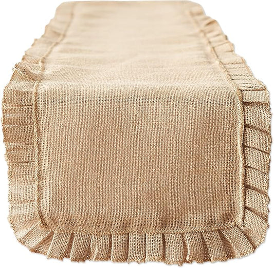 DII Jute Burlap Collection Kitchen Tabletop, Table Runner, 14x72, Ruffle Trim Natural