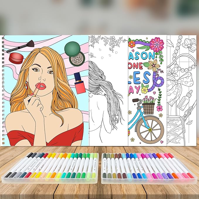 Kalysky Adults Coloring Books for Women Set - Relaxation Coloring Book and 36 Color Coloring Markers for Adults, Spiral Binding,Women's Freedom and Stress Relief