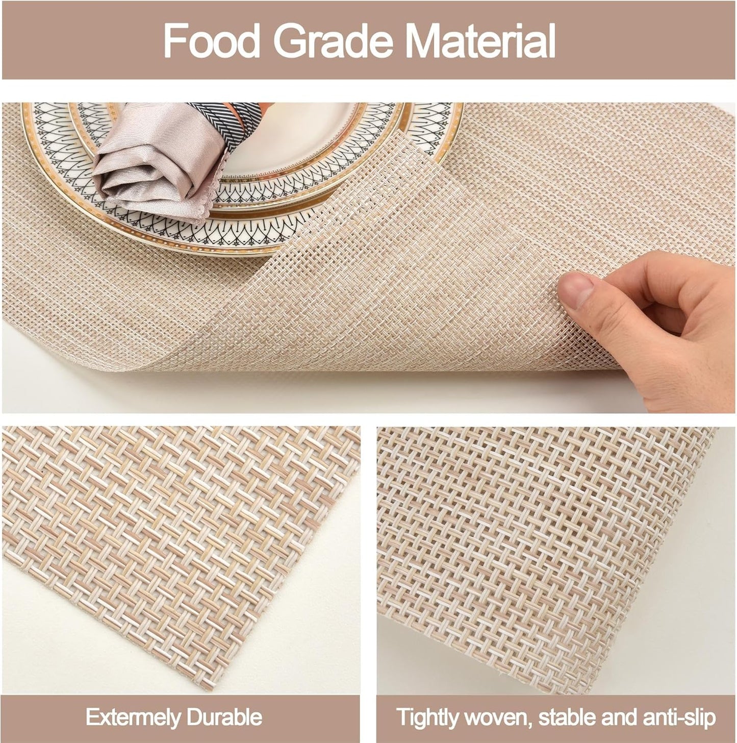SLKQG Placemats Set of 6 - Easy Clean Washable Vinyl Placemats - Wipeable Heat Resistant Table Mats for Dining Table - 17.7x11.8 Inch (6, Beige)