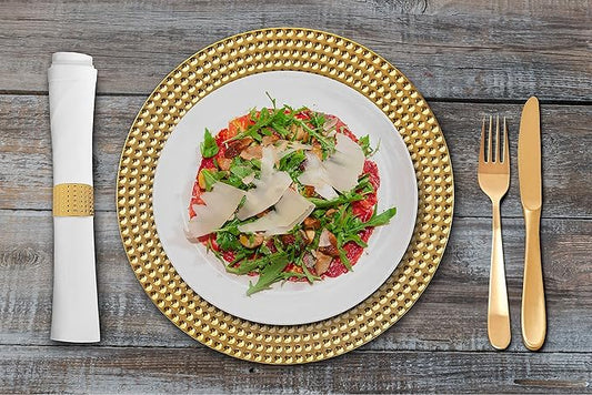 13 Inch Round Elegant Serve ware Charger Plates with Matching Napkin Rings, Wedding, Dinner party, Event - Choose from our Variety of Styles and Quantities (12, Hammered Gold)