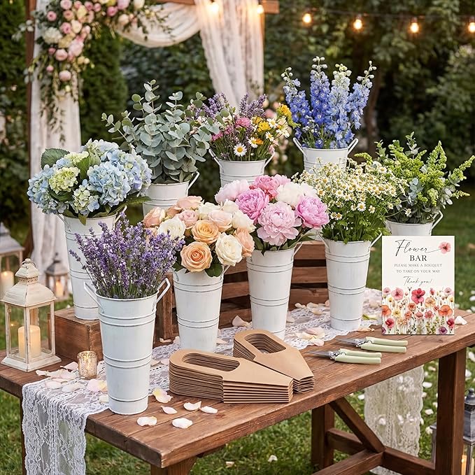 LEIFIDE 45 Pcs Flower Bar Buckets Set Kit Bloom Bar Supplies Include Wood Sign Gift Bags Iron Bucket Garden Flower Shears for Valentine Days Wedding Bridal Shower Table Centerpieces (White)