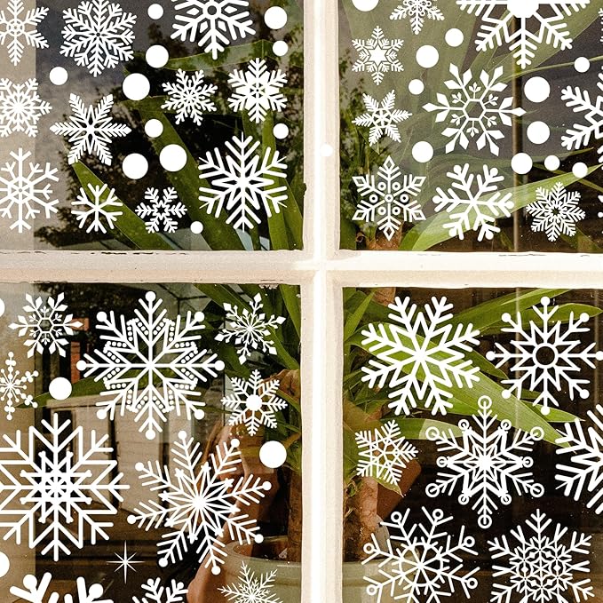 AOWDIAO 394 Pcs Snowflake Window Clings - Christmas Decorations Indoor, 12 Sheets Large White Double-Sided Xmas Snowflake Window Stickers for Glass, Winter Holiday Decor for Home, Office, Party