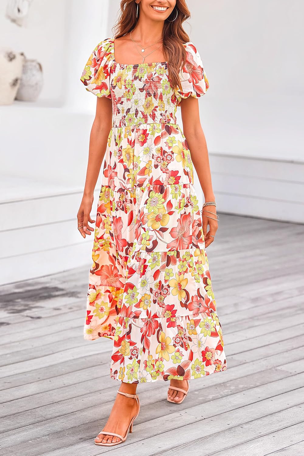 PRETTYGARDEN Women's Casual Summer Midi Dress Puffy Short Sleeve Square Neck Smocked Tiered Ruffle Dresses