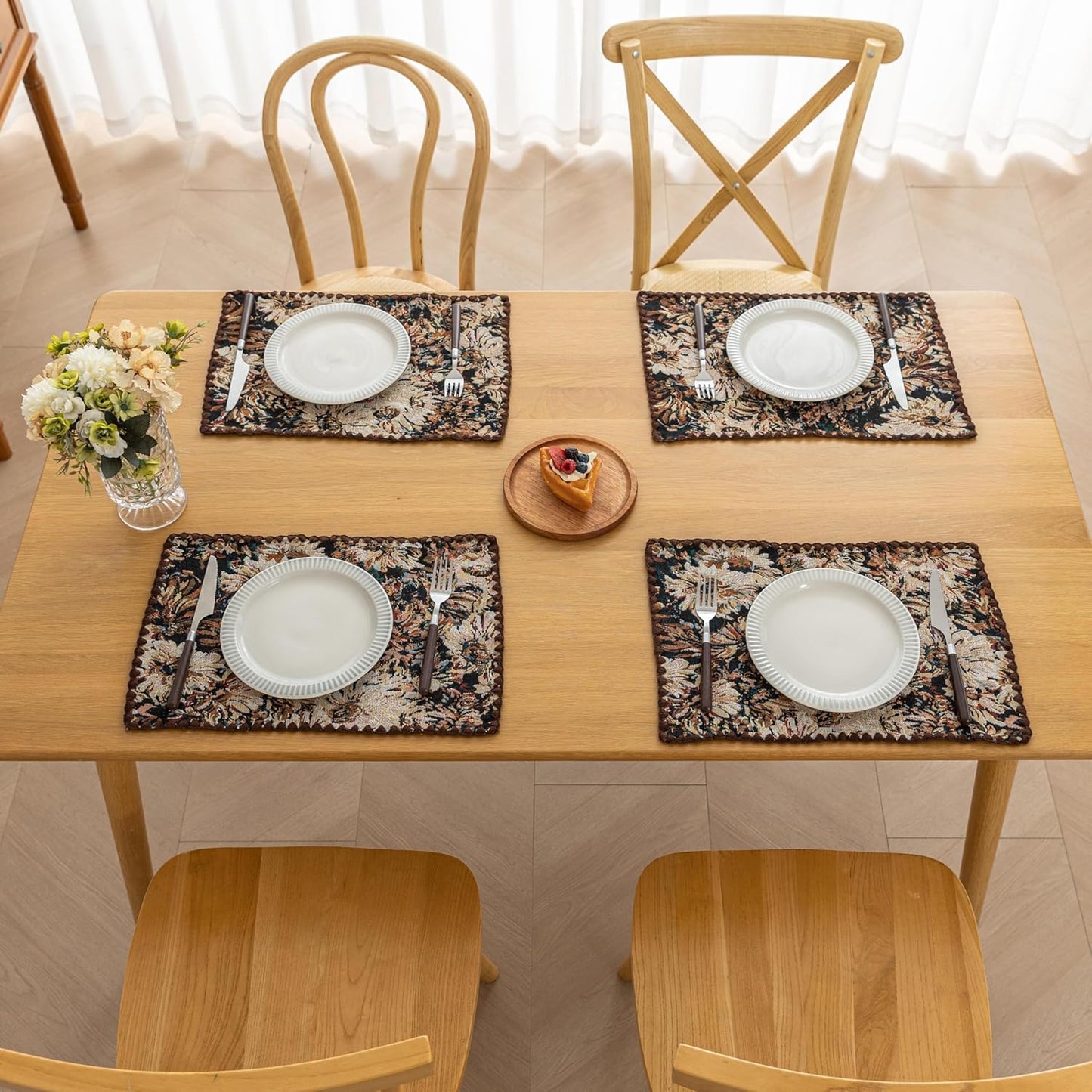 Boho Embroidery Table Runner Accessories Set of 4 Flower Fall Kitchen Dining Table Decoration for Home Party Decor 13x18inch