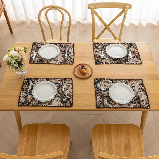 Boho Embroidery Table Runner Accessories Set of 4 Flower Fall Kitchen Dining Table Decoration for Home Party Decor 13x18inch