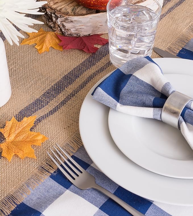DII Jute Burlap Collection Kitchen Tabletop, Table Runner, 14x108, Double Border Blue